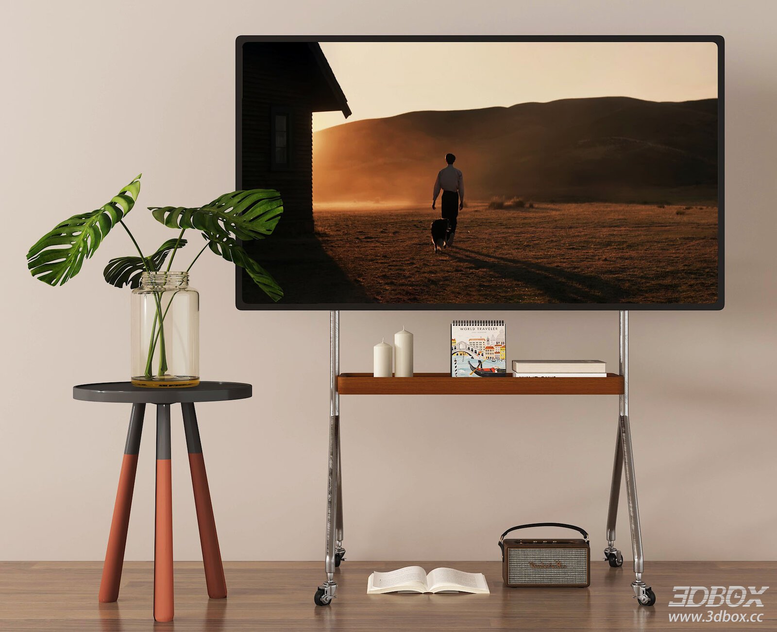 Mobile TV Stand with Side Table and Decor Set 3D model - front view