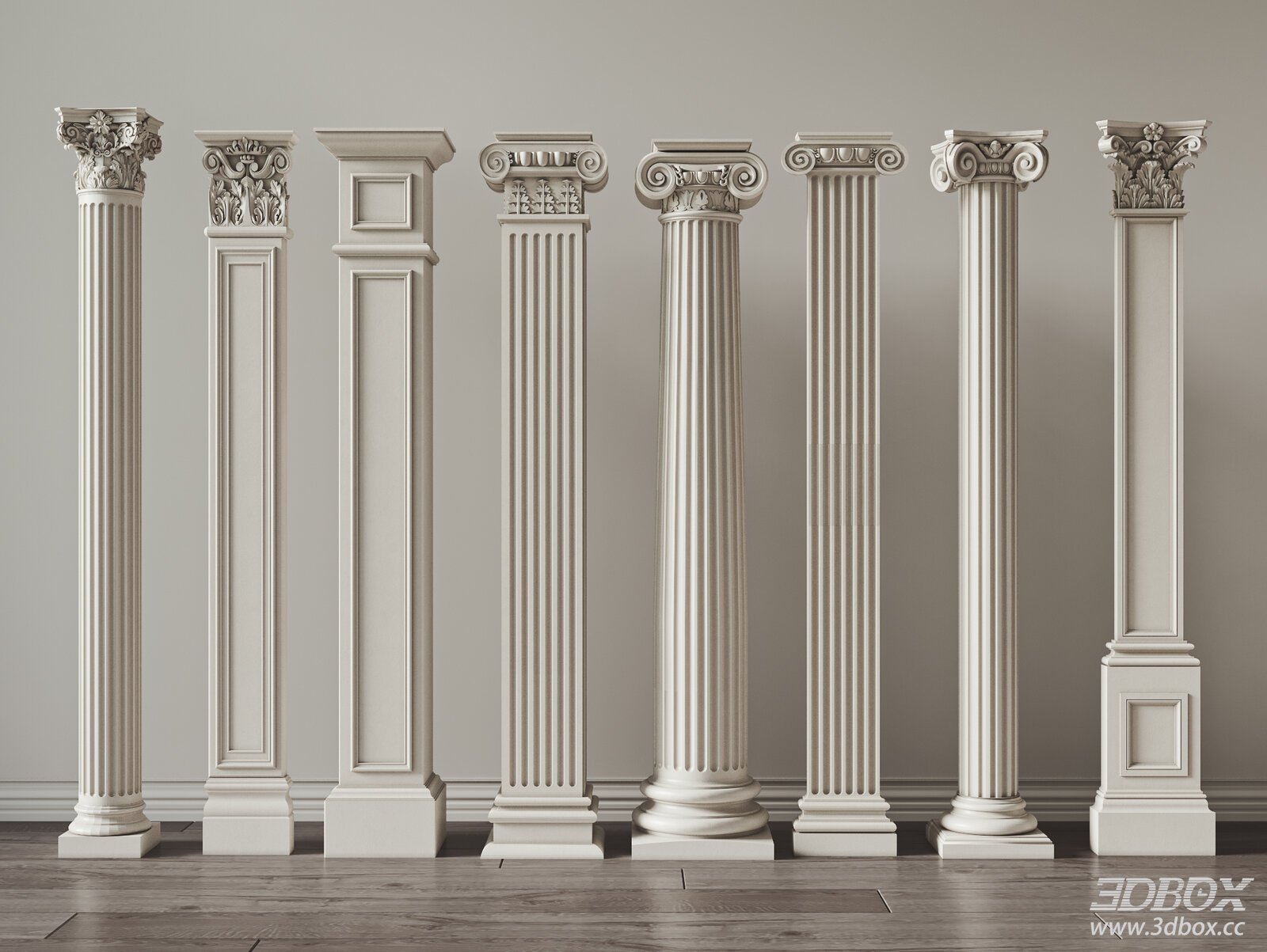 Classic Roman Plaster Column Set Neoclassical Architectural Pillars 3D model - front view