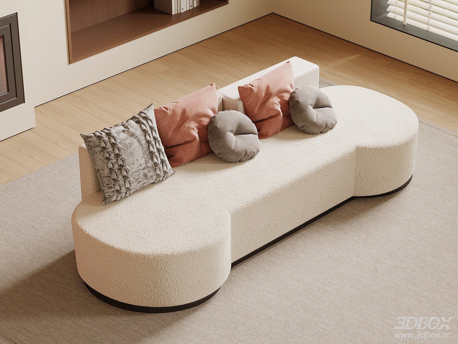 Modern Cream Style Curved Boucle Fabric Sofa Set 3D model - front view