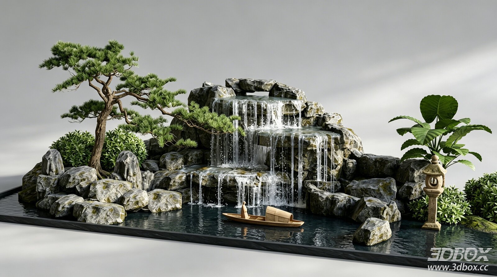 New Chinese Style Zen Rockery Waterfall Courtyard Landscape 3D model - front view