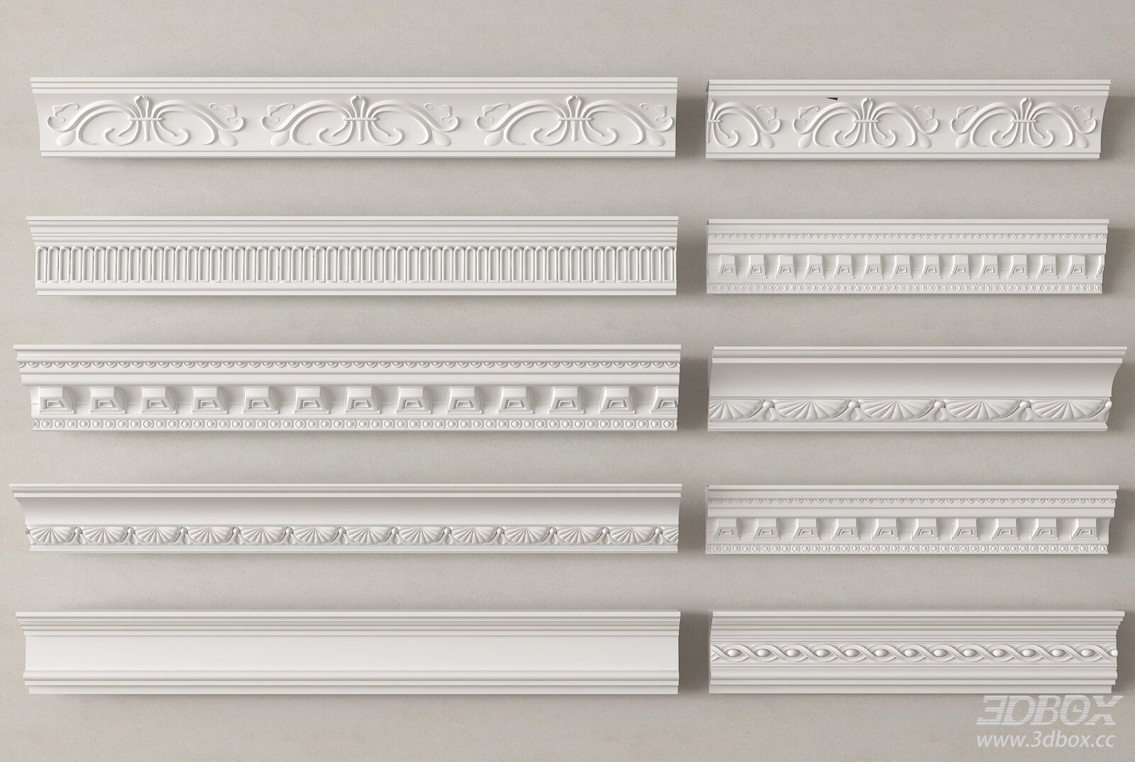 French Style Decorative Plaster Cornice Molding Set 3D model - front view