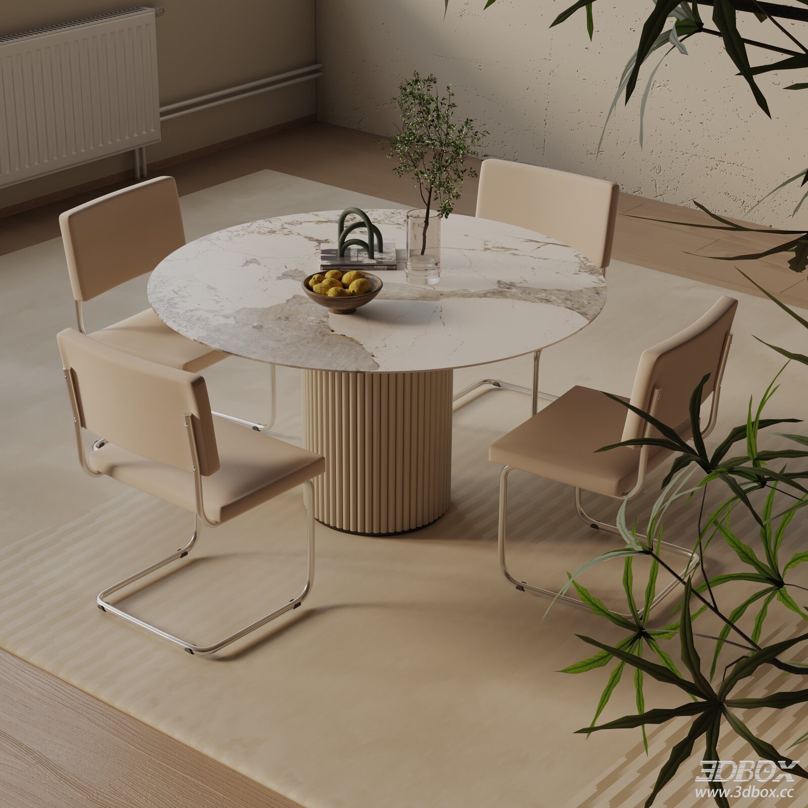 Modern Marble Round Dining Table and Chairs Set 3D model - front view