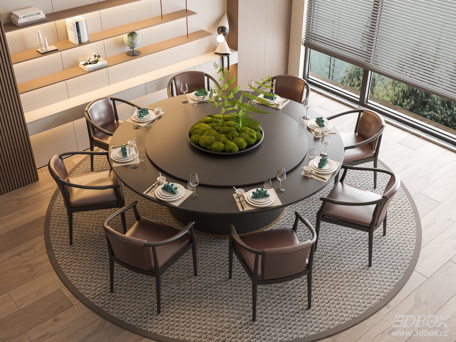Modern Chinese Round Dining Table and Chairs Set 3D model - front view