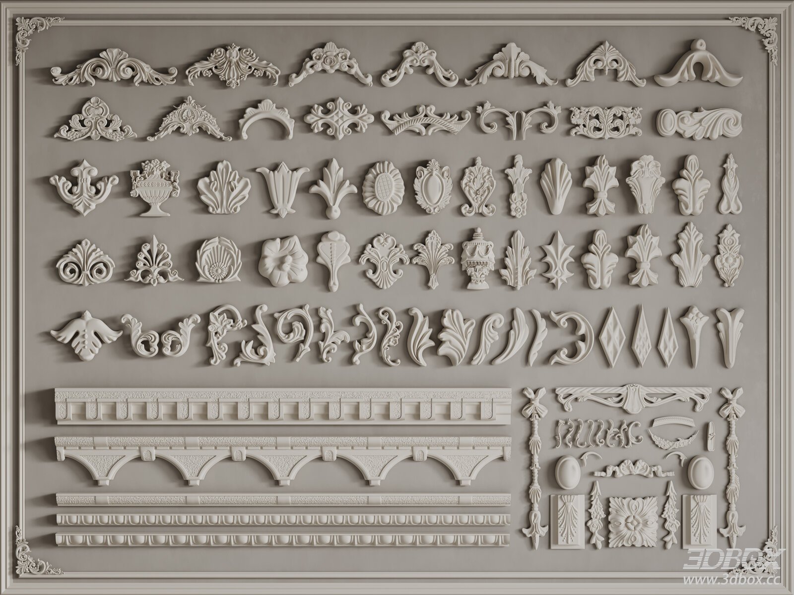Classic Ornate Gypsum Plaster Molding Decor Set 3D model - front view