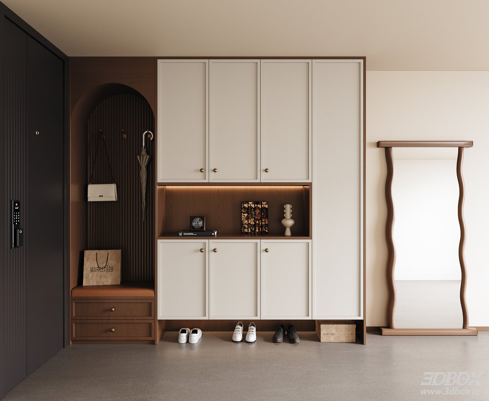 Modern Mid-Century Style Entry Shoe Cabinet with Bench and Mirror 3D model - front view
