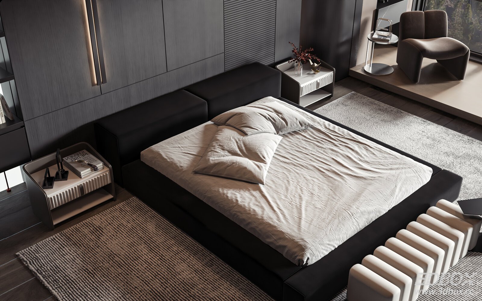 Modern Luxury Minimalist Bedroom Interior Scene 3D model - front view