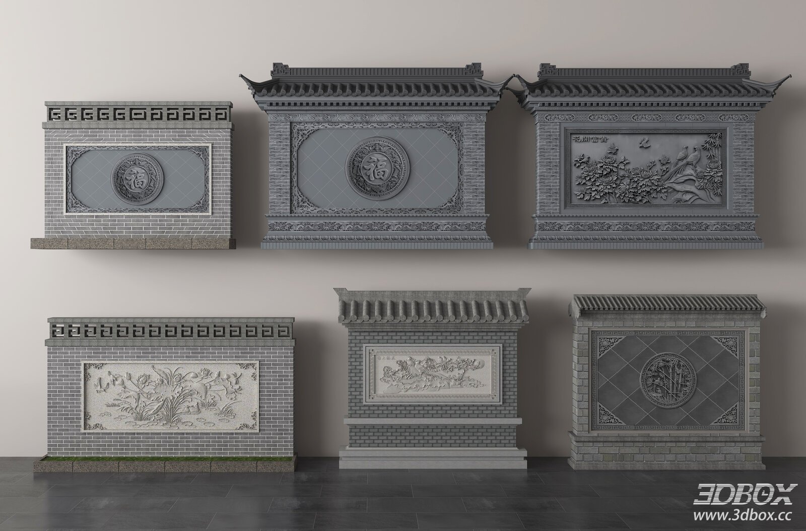 Chinese Style Courtyard Screen Wall Set 3D model - front view