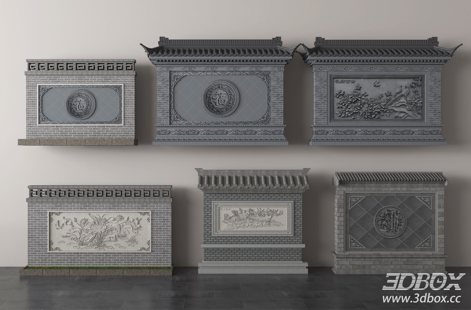 Chinese Style Courtyard Screen Wall Set 3D model - thumbnail 1