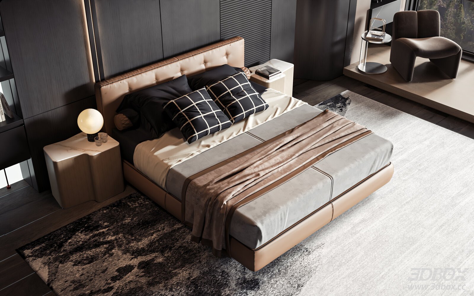 Modern Luxury Leather Bedroom Scene 3D model - front view