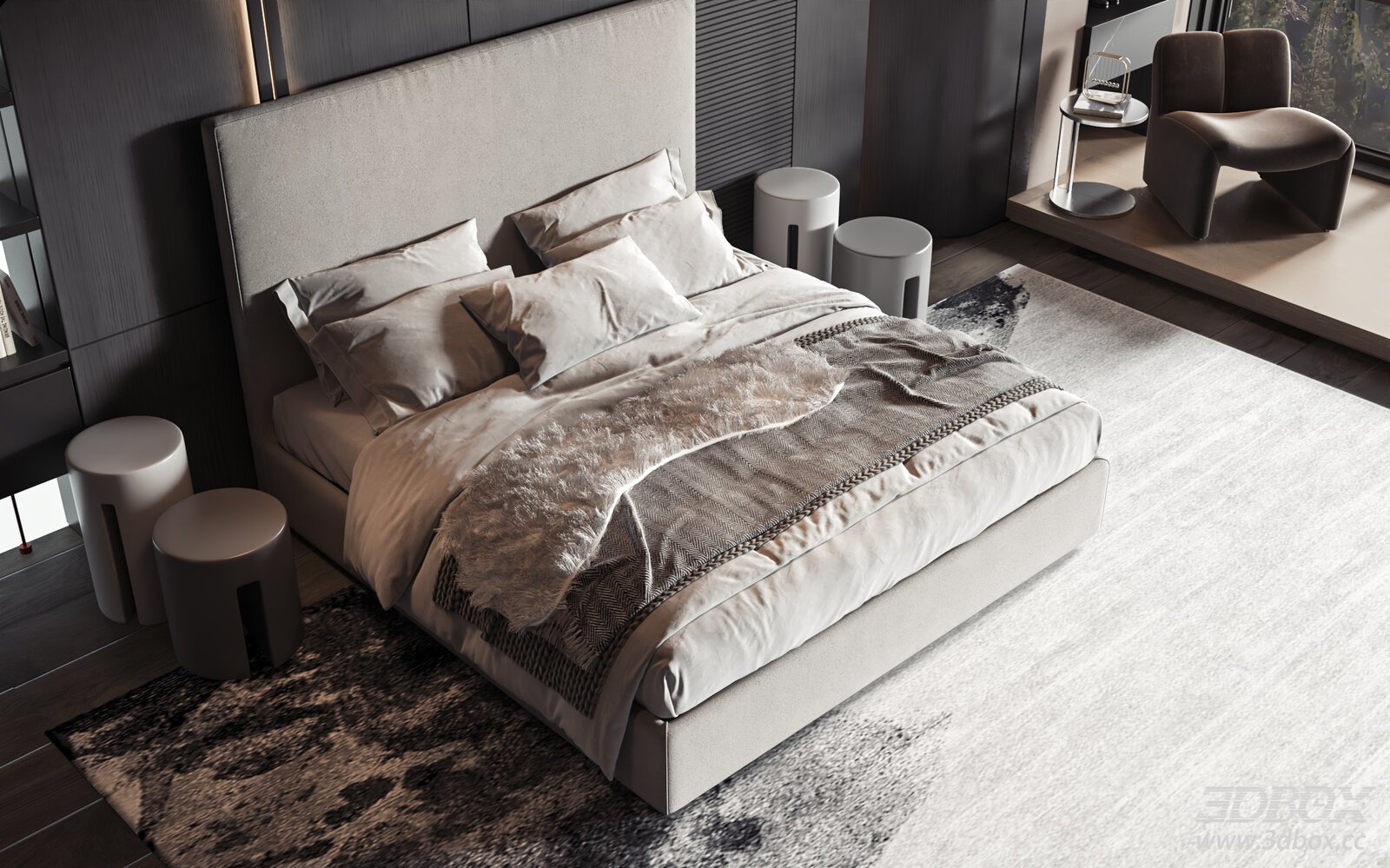 Modern Minimalist Luxury Bedroom with Upholstered Double Bed 3D model - front view