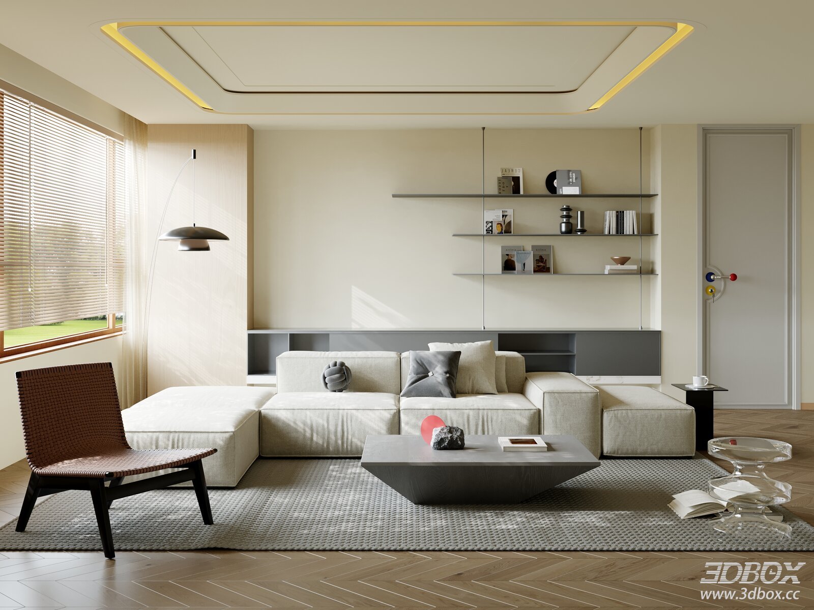 Modern Minimalist Beige Living Room Interior Scene 3D model - front view