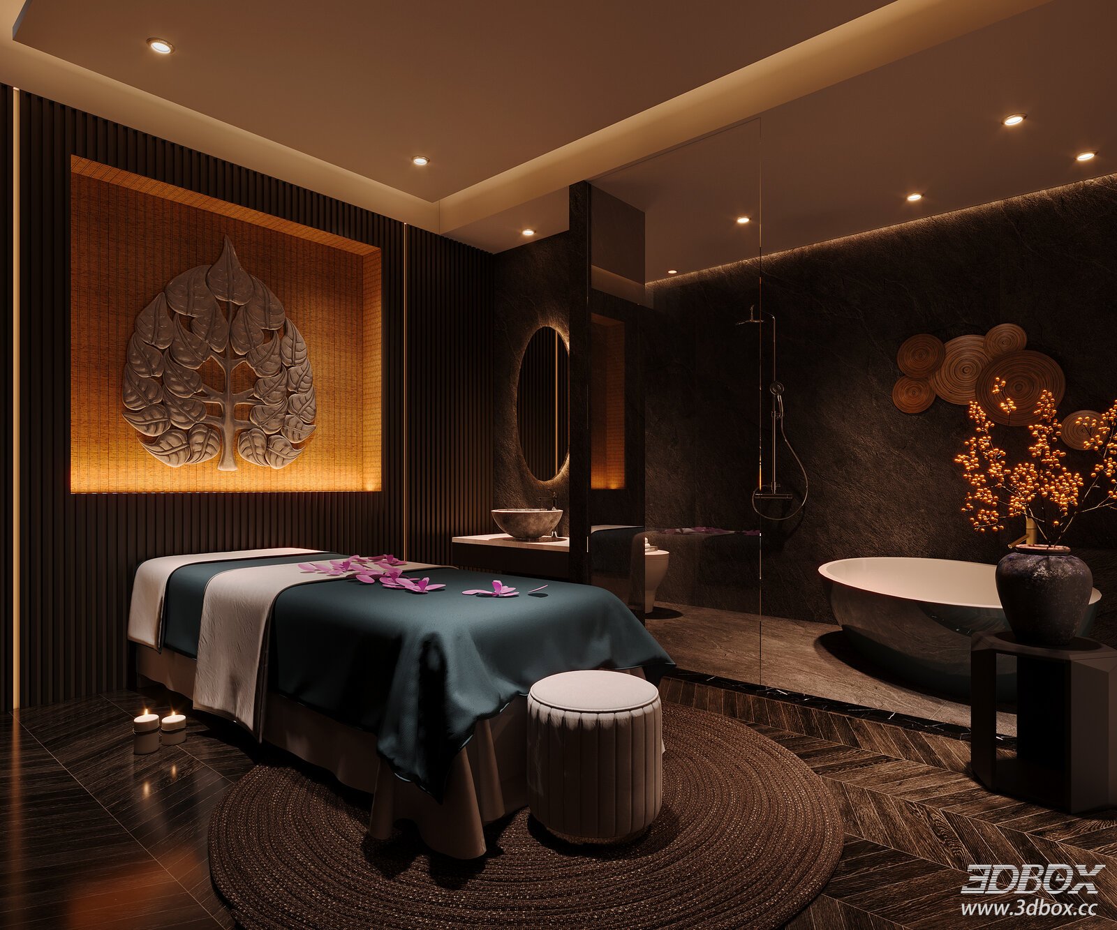 Modern Luxury Spa Room with Massage Bed and Bathtub 3D model - front view