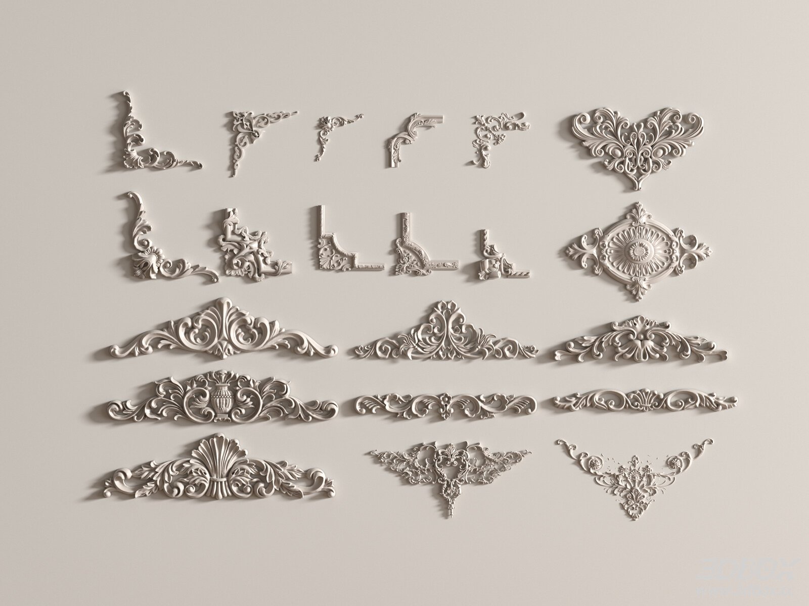Classic European Decorative Plaster Carving Ornaments Set 3D model - front view