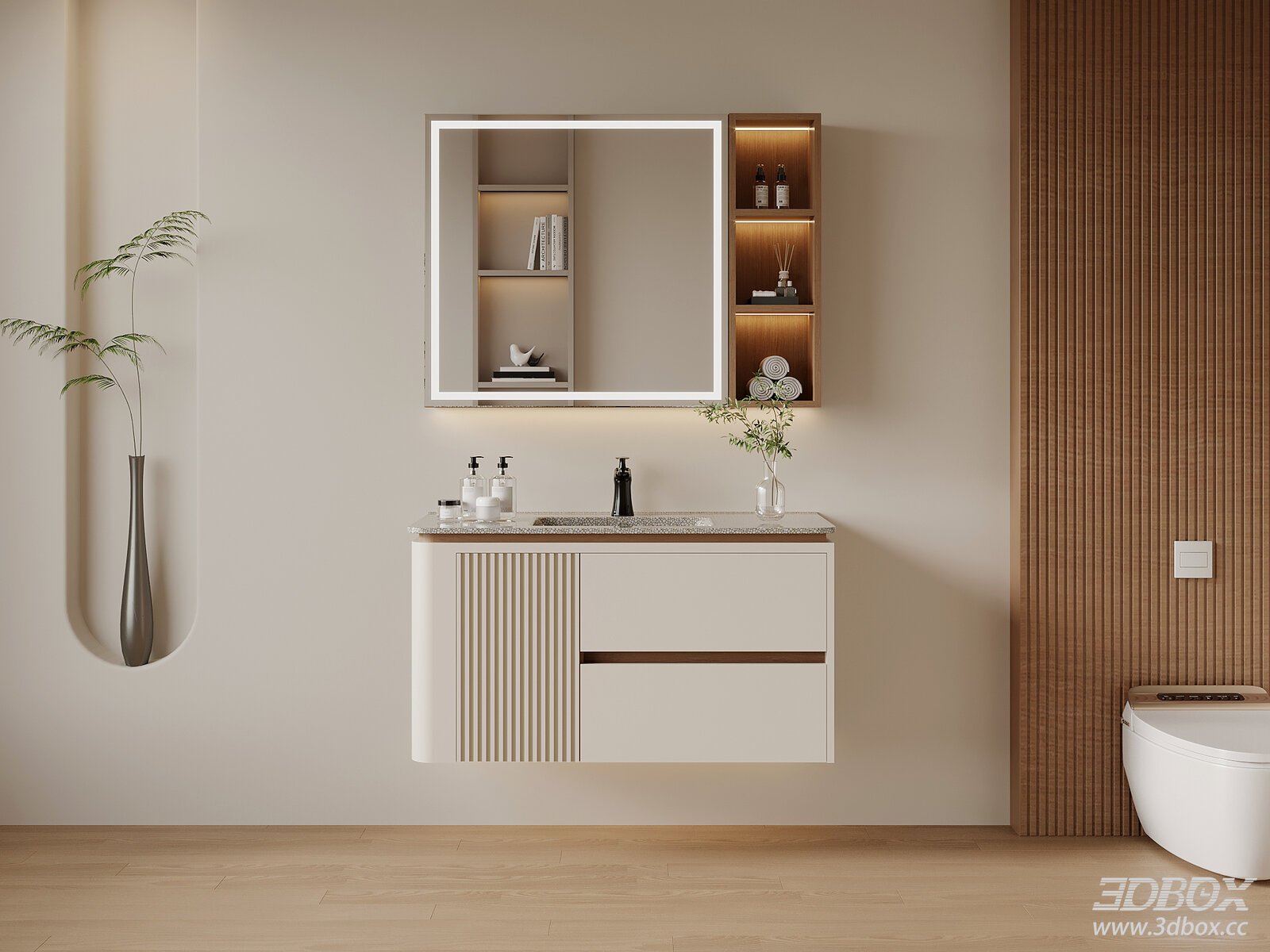 Modern Minimalist Bathroom Vanity with LED Mirror Cabinet 3D model - front view