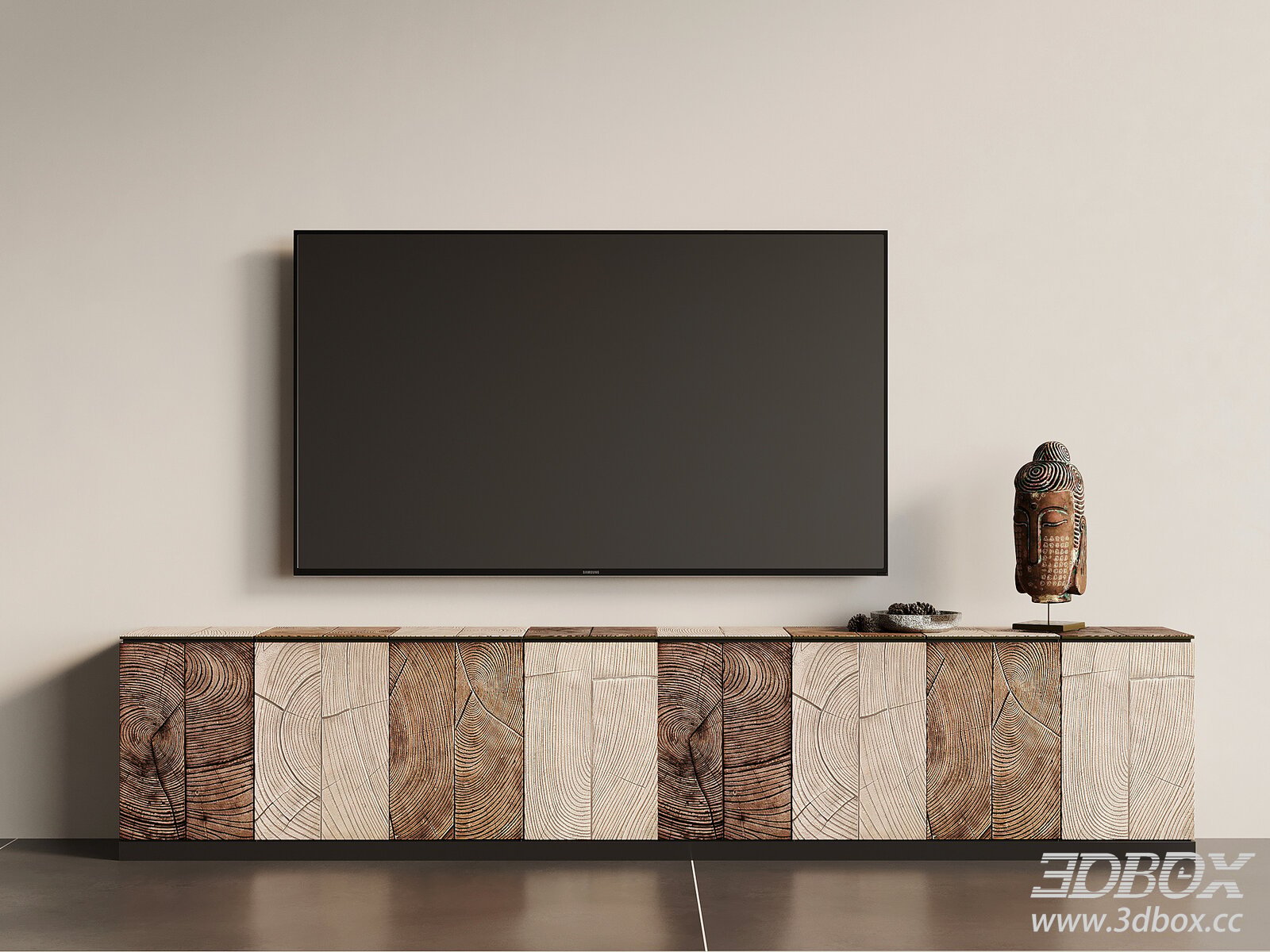 Wabi Sabi Style Carved Wooden TV Cabinet 3D model - thumbnail 1