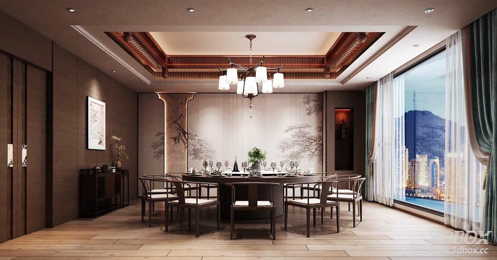 Chinese Style Luxury Private Dining Room Restaurant Scene 3D model - front view