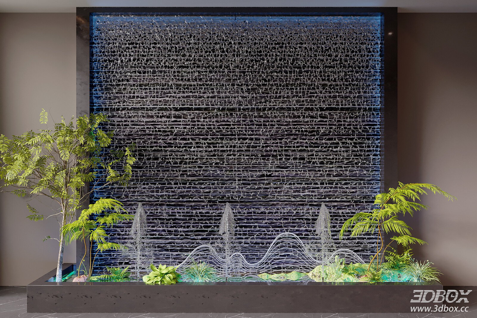Modern Indoor Water Wall Fountain Landscape 3D model - front view