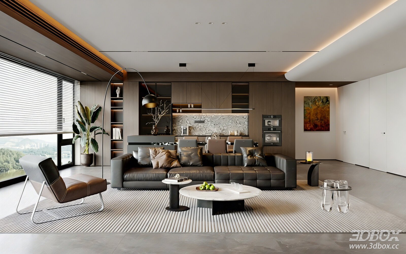 Modern Minimalist Open Plan Living and Dining Room 3D model - front view