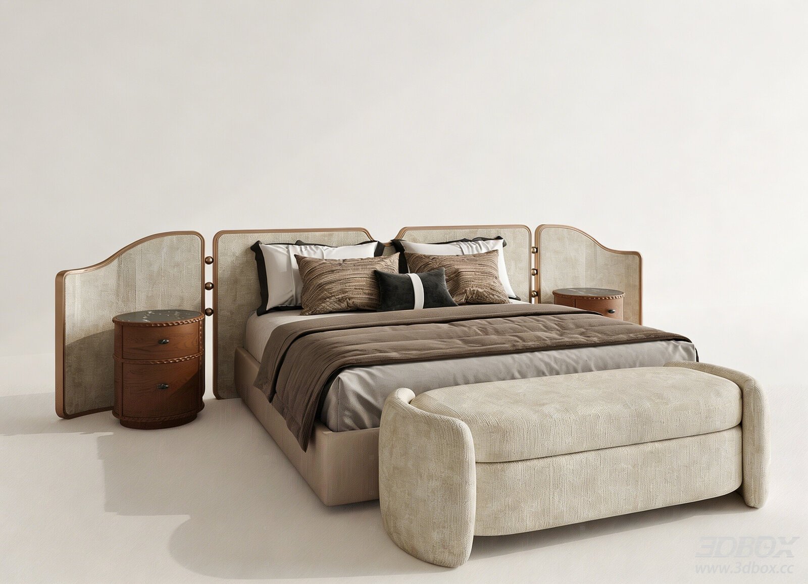 Luxury Retro Double Bed Set with Nightstands and Bench 3D model - front view