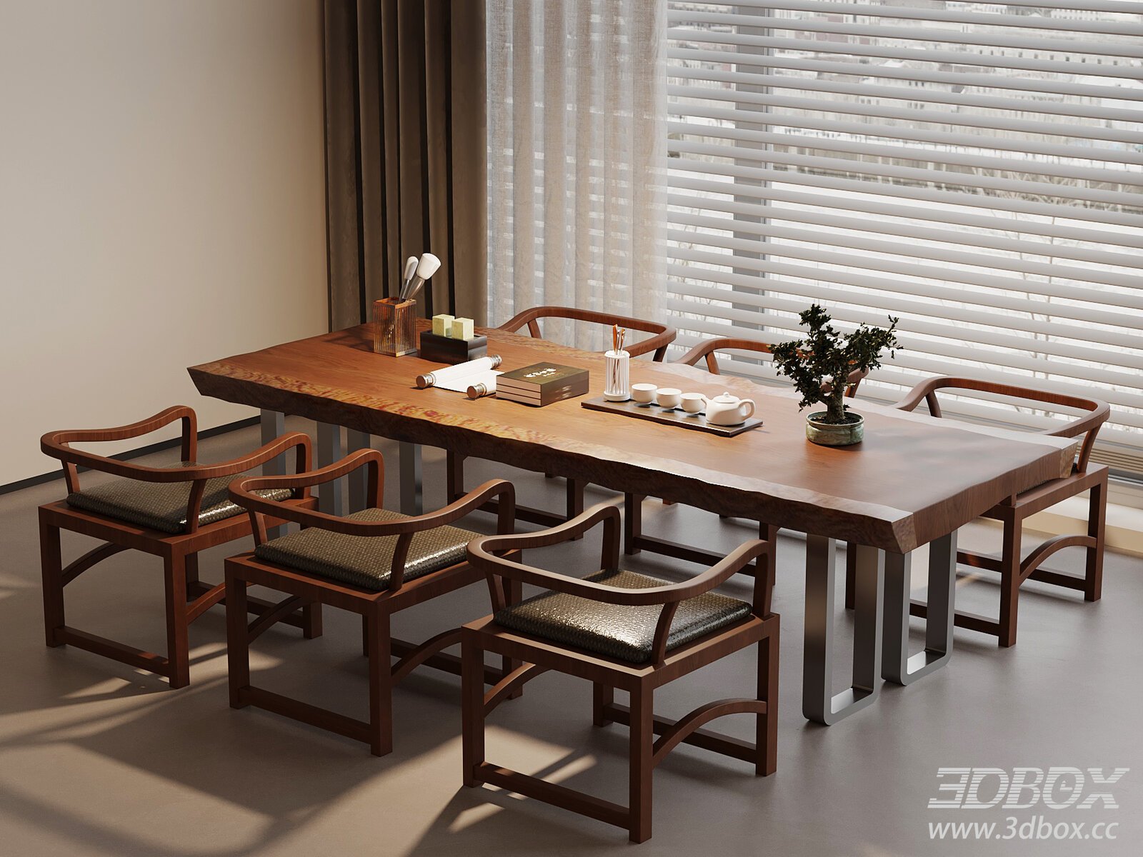 New Chinese Style Tea Table and Armchair Set 3D model - thumbnail 1