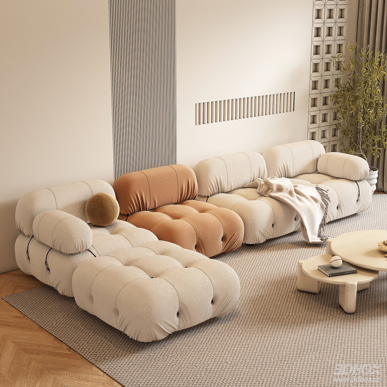 Wabi Sabi Modular Boucle Fabric Sofa Set 3D model - front view