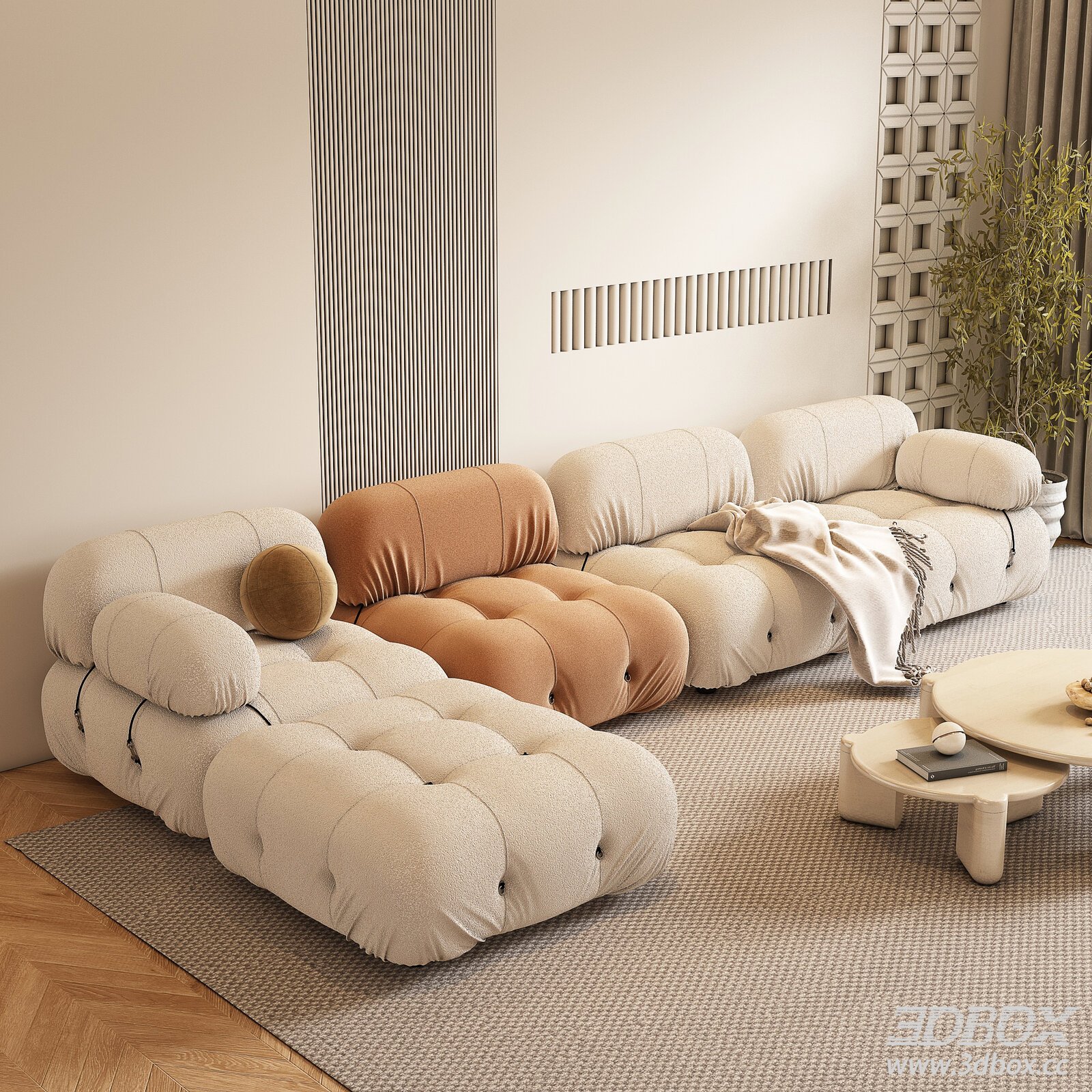Wabi Sabi Modular Boucle Fabric Sofa Set 3D model - thumbnail 1