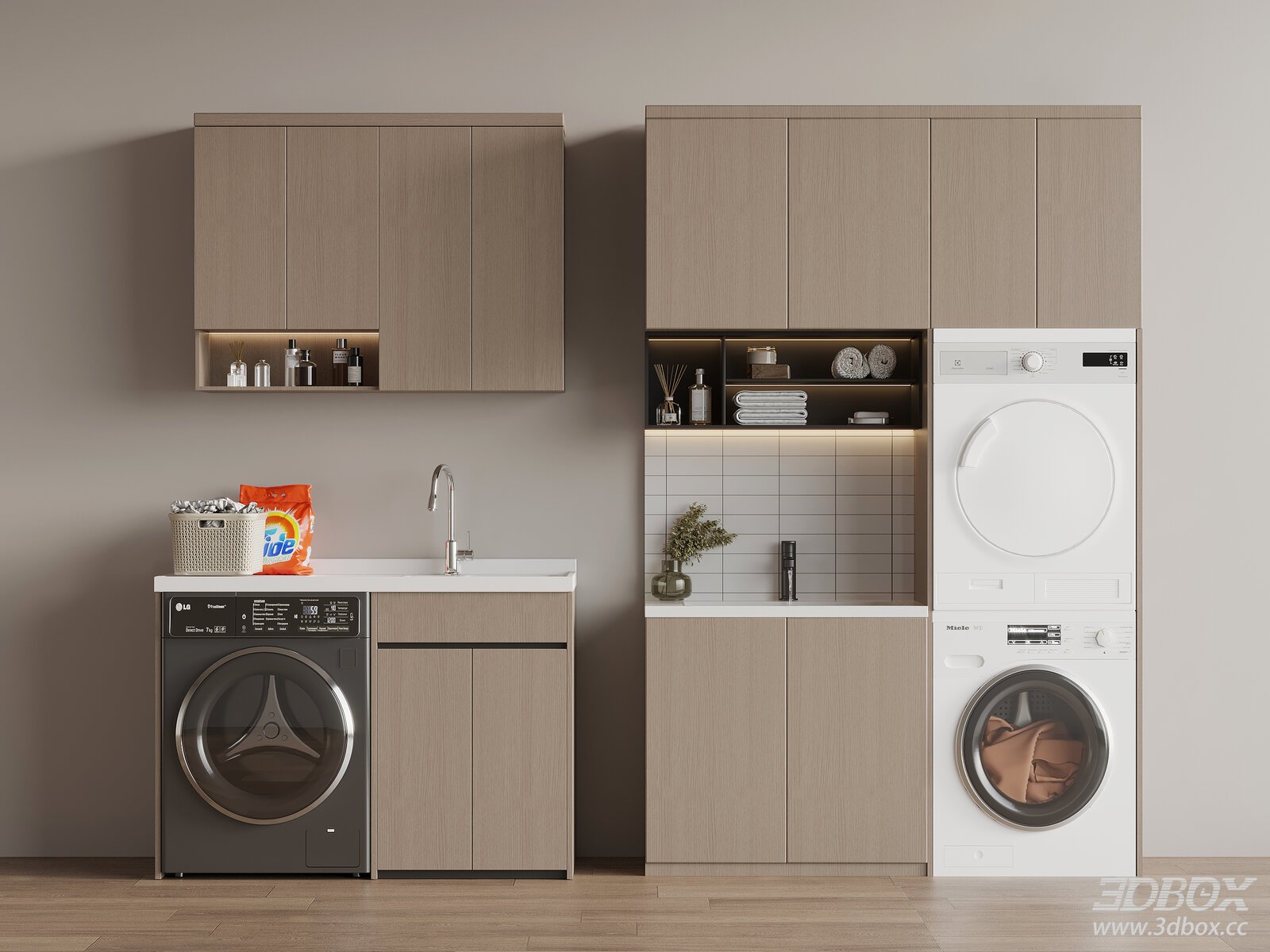 Modern Laundry Cabinet with Washing Machine and Dryer 3D model - front view