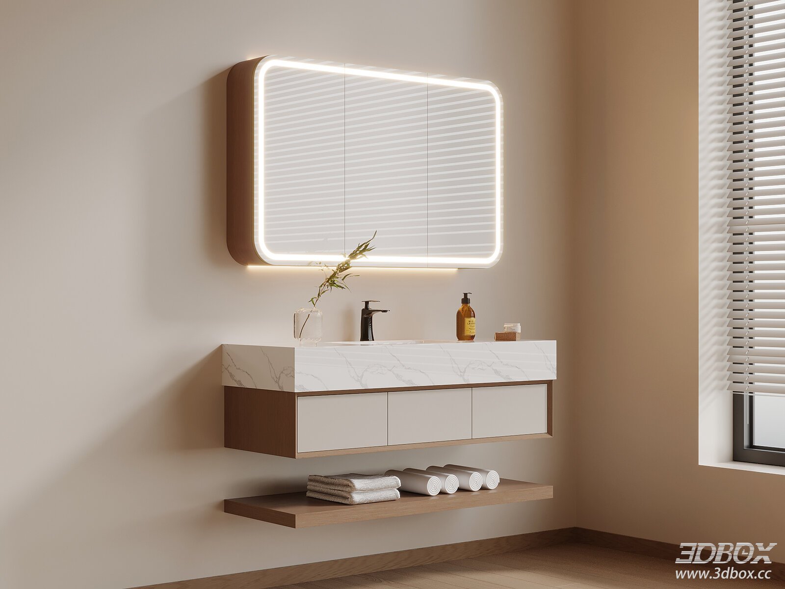 Modern Minimalist Floating Bathroom Vanity with Backlit Mirror 3D model - front view