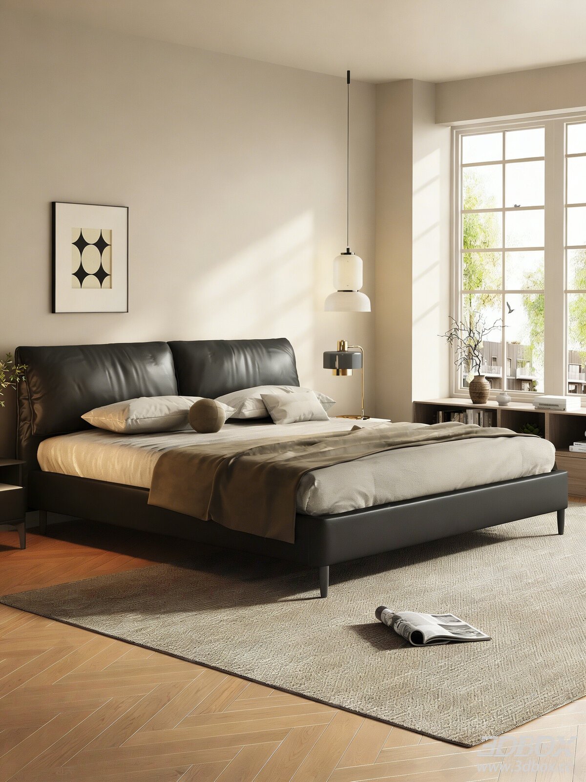 Modern Minimalist Leather Double Bed Bedroom Scene 3D model - front view