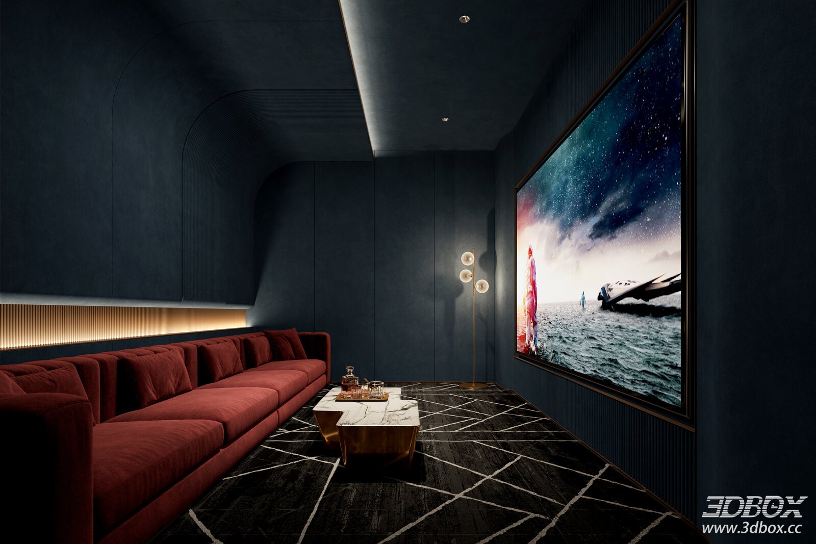 Modern Luxury Home Theater with Red Sofa and Marble Coffee Table 3D model - front view