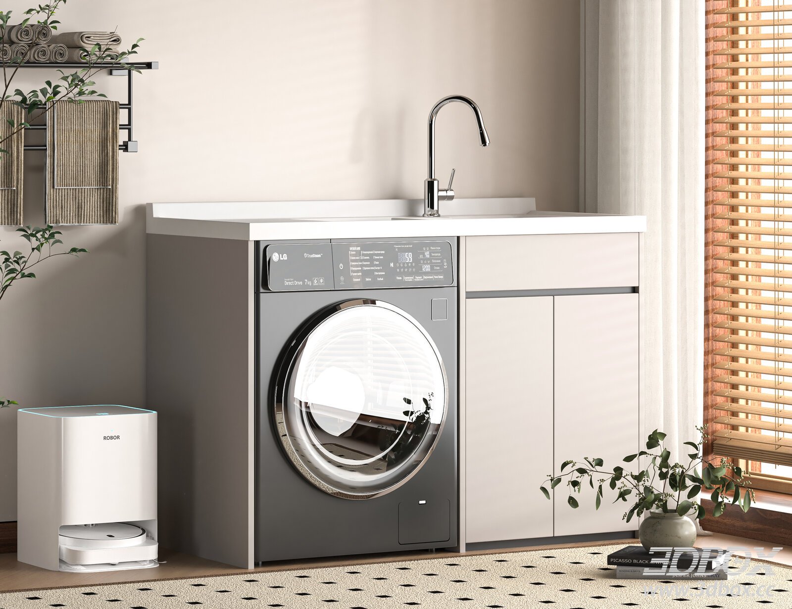 Modern Laundry Washing Machine Cabinet Set 3D model - thumbnail 1
