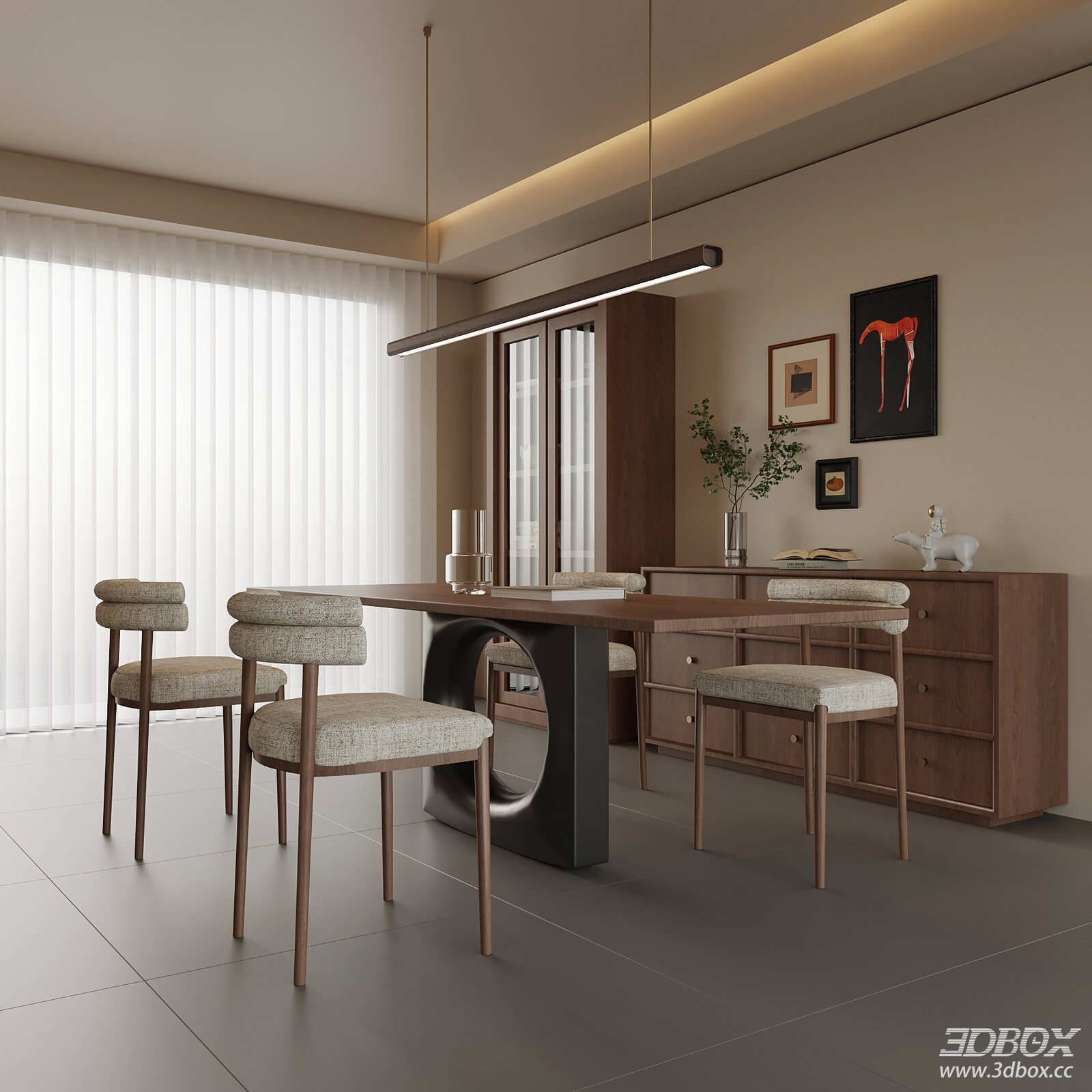 Mid Century Modern Walnut Dining Room Set 3D model - front view