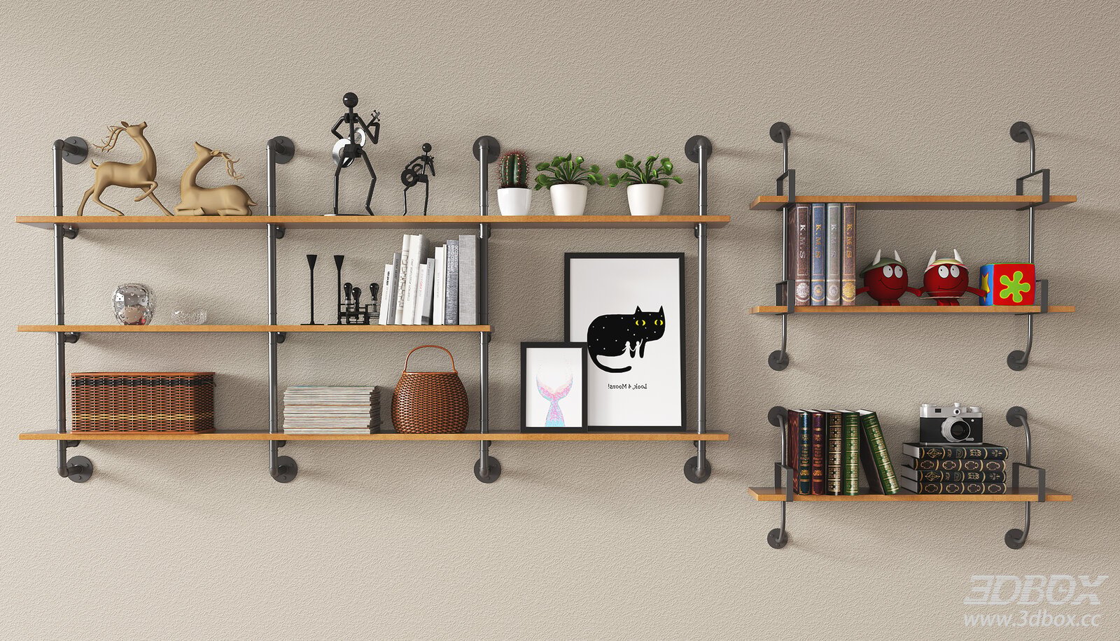 Industrial Style Wall Mounted Wooden Display Rack with Decorations 3D model - front view
