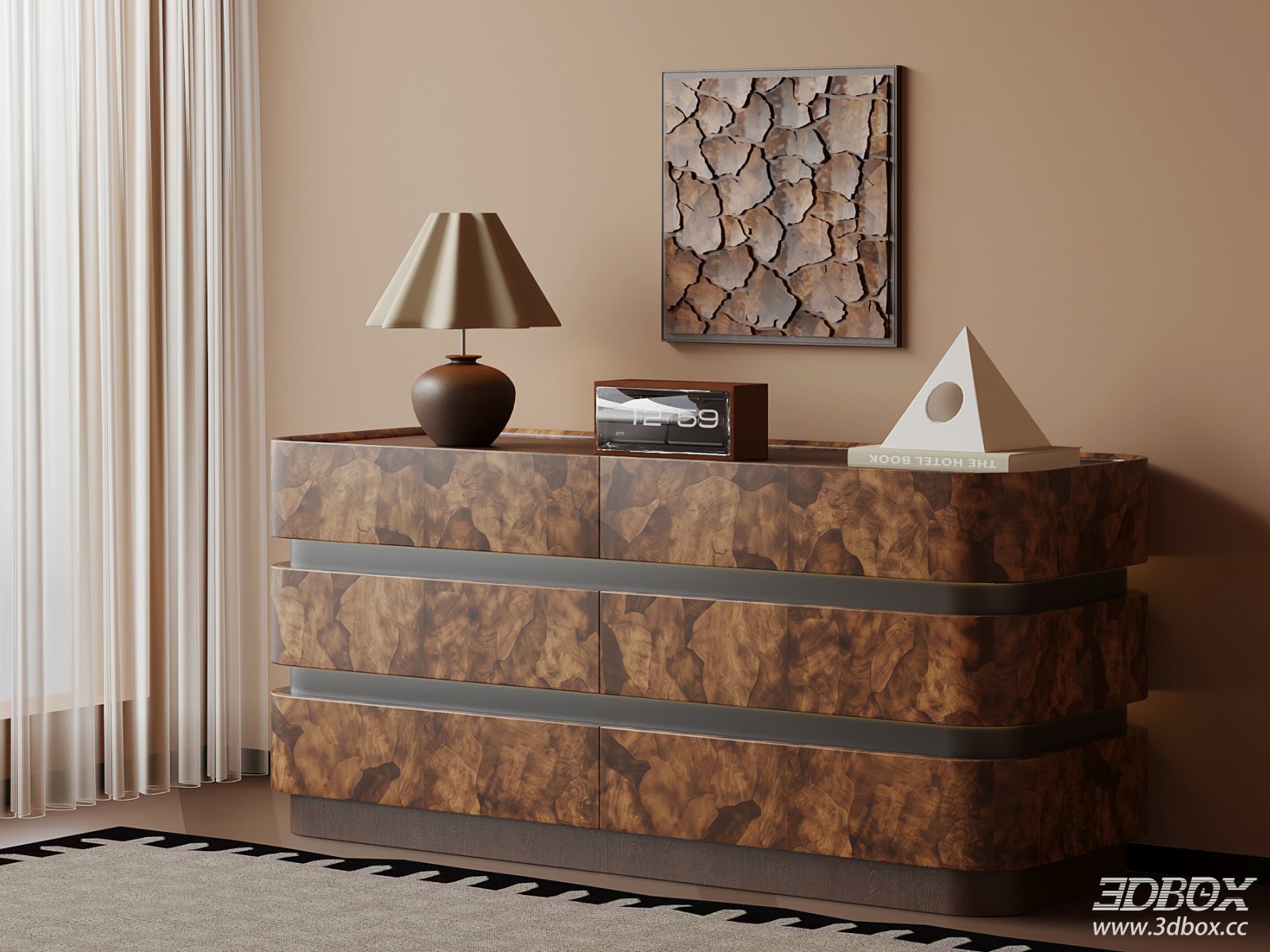 Mid-century Burl Wood Sideboard with Decor Set 3D model - front view