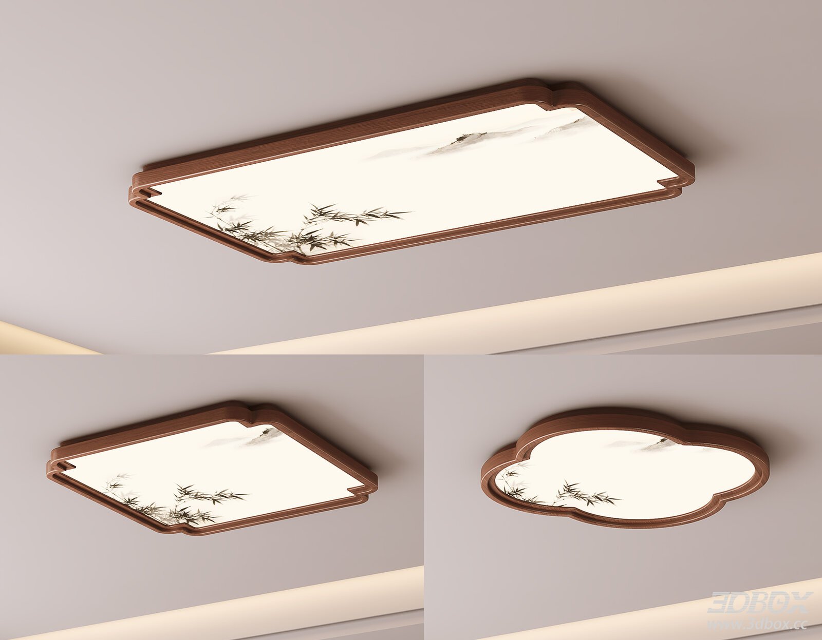 New Chinese Style Wooden Frame Ceiling Lamp Set 3D model - front view