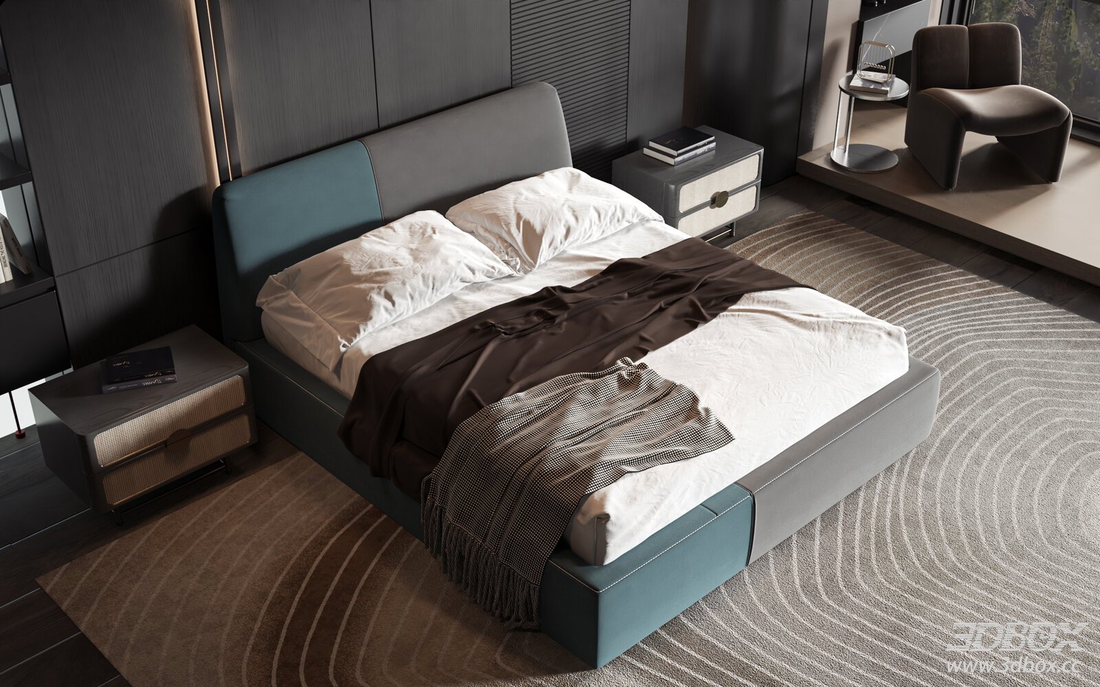 Modern Minimalist Double Bedroom Set 3D model - front view