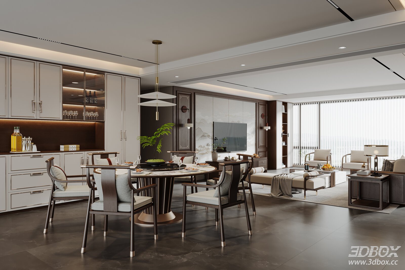 New Chinese Style Living and Dining Room Interior 3D model - front view