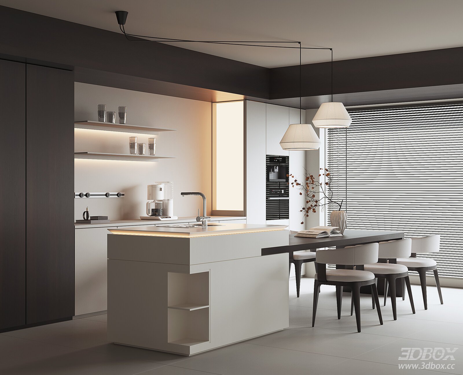 Modern Minimalist Kitchen and Dining Room Interior 3D model - front view