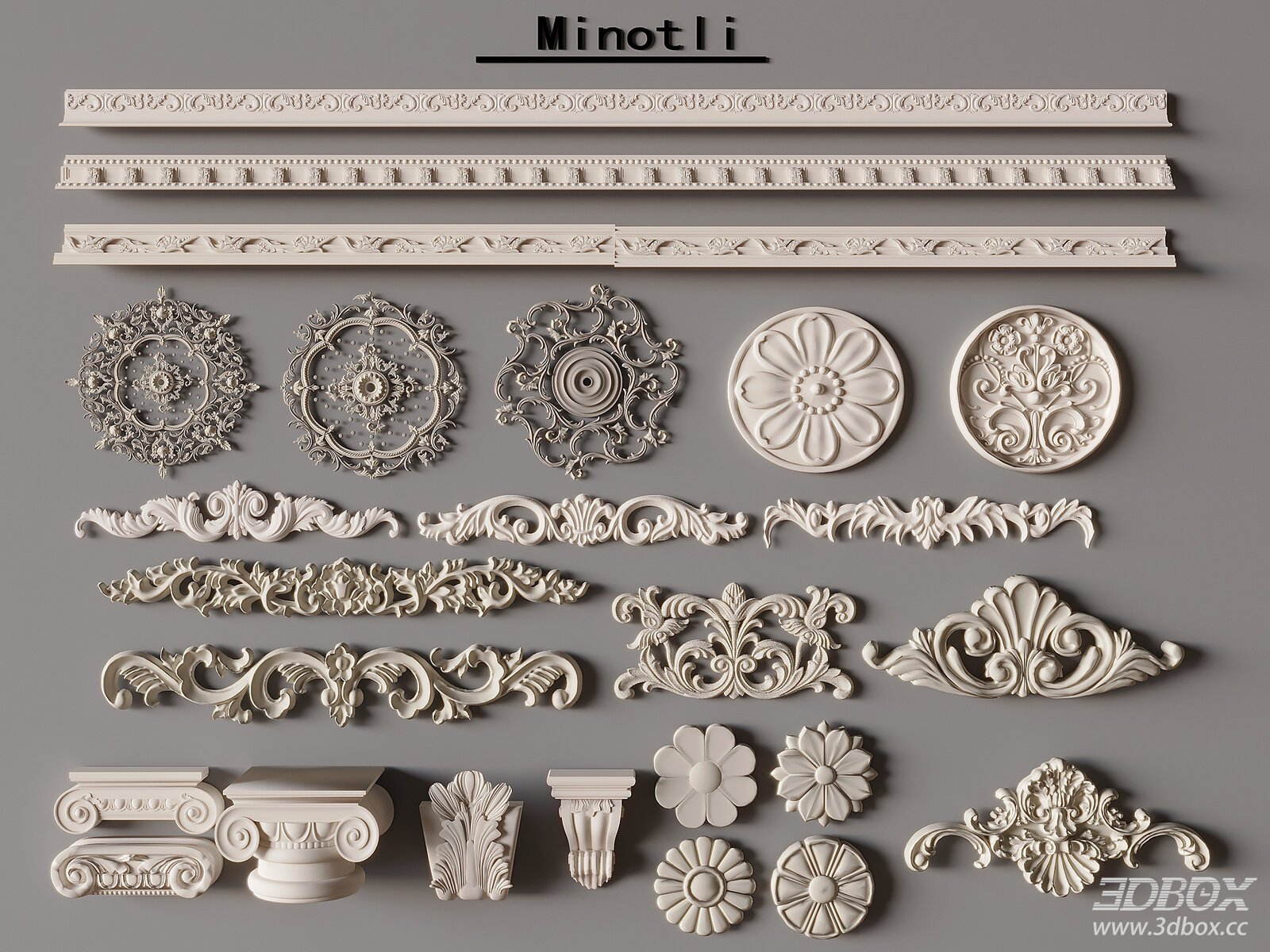 French Style Carved Decorative Plaster Molding Set 3D model - front view