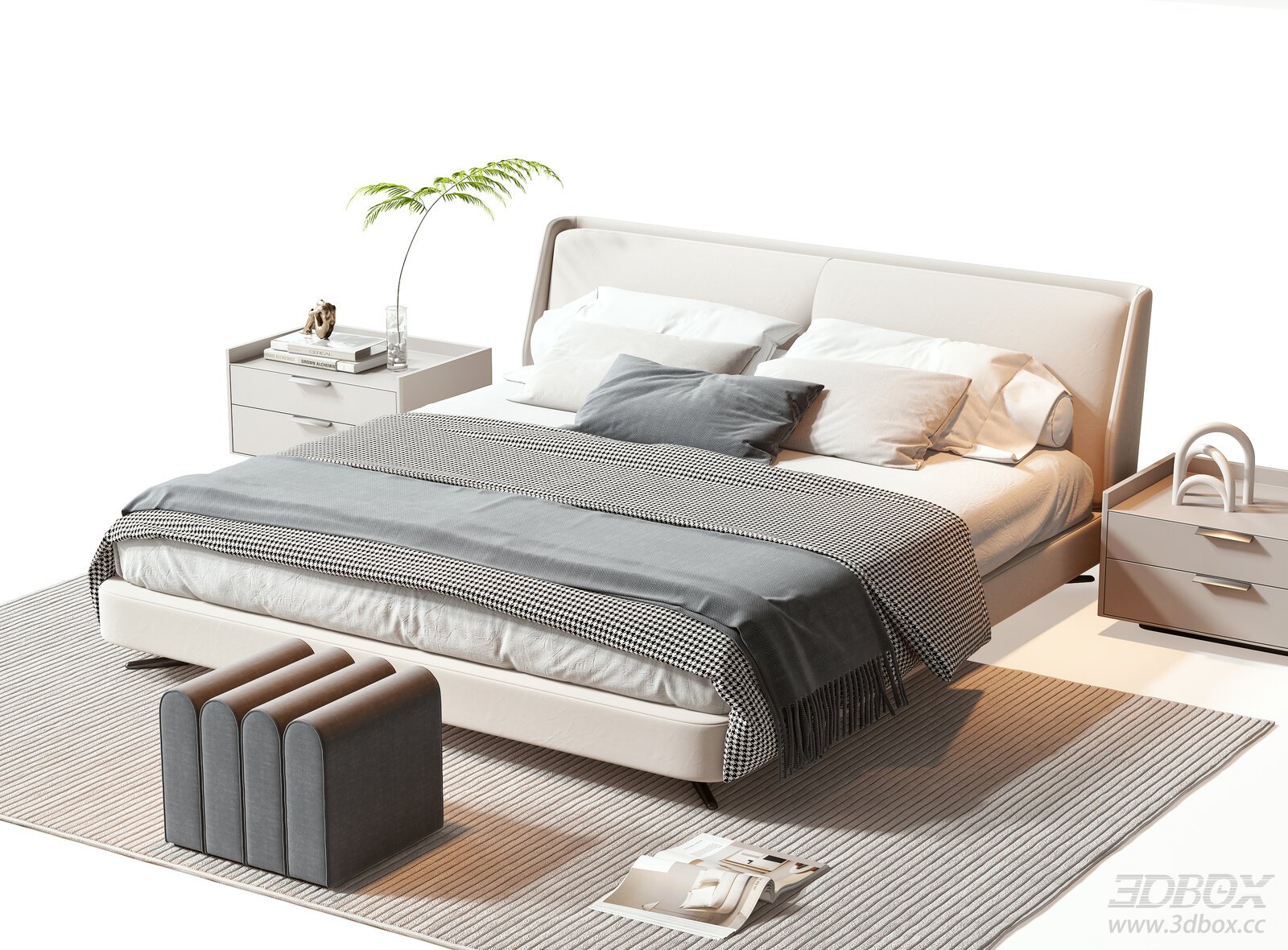 Modern Minimalist Leather Double Bed Bedroom Set 3D model - front view