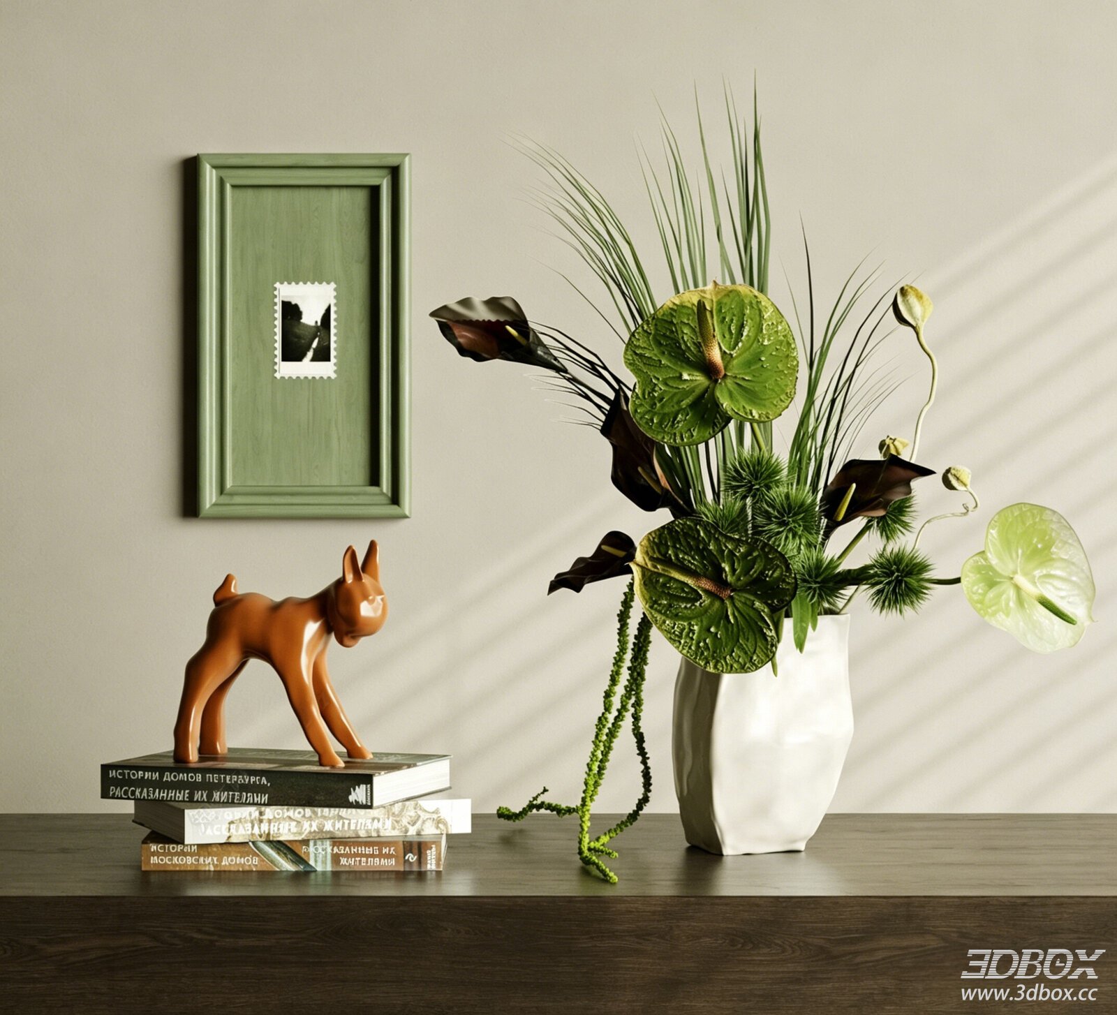 Modern Minimalist Decorative Set with Floral Arrangement Books Figurine Frame 3D model - front view