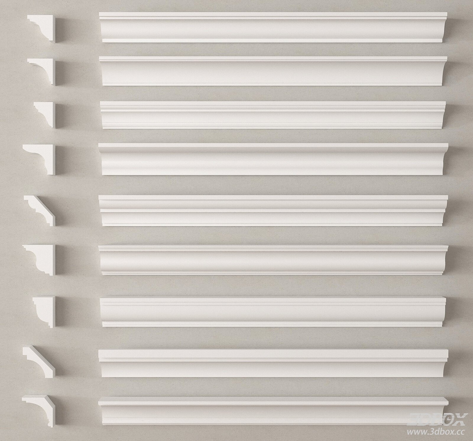 Modern White Plaster Crown Molding Set 3D model - thumbnail 1