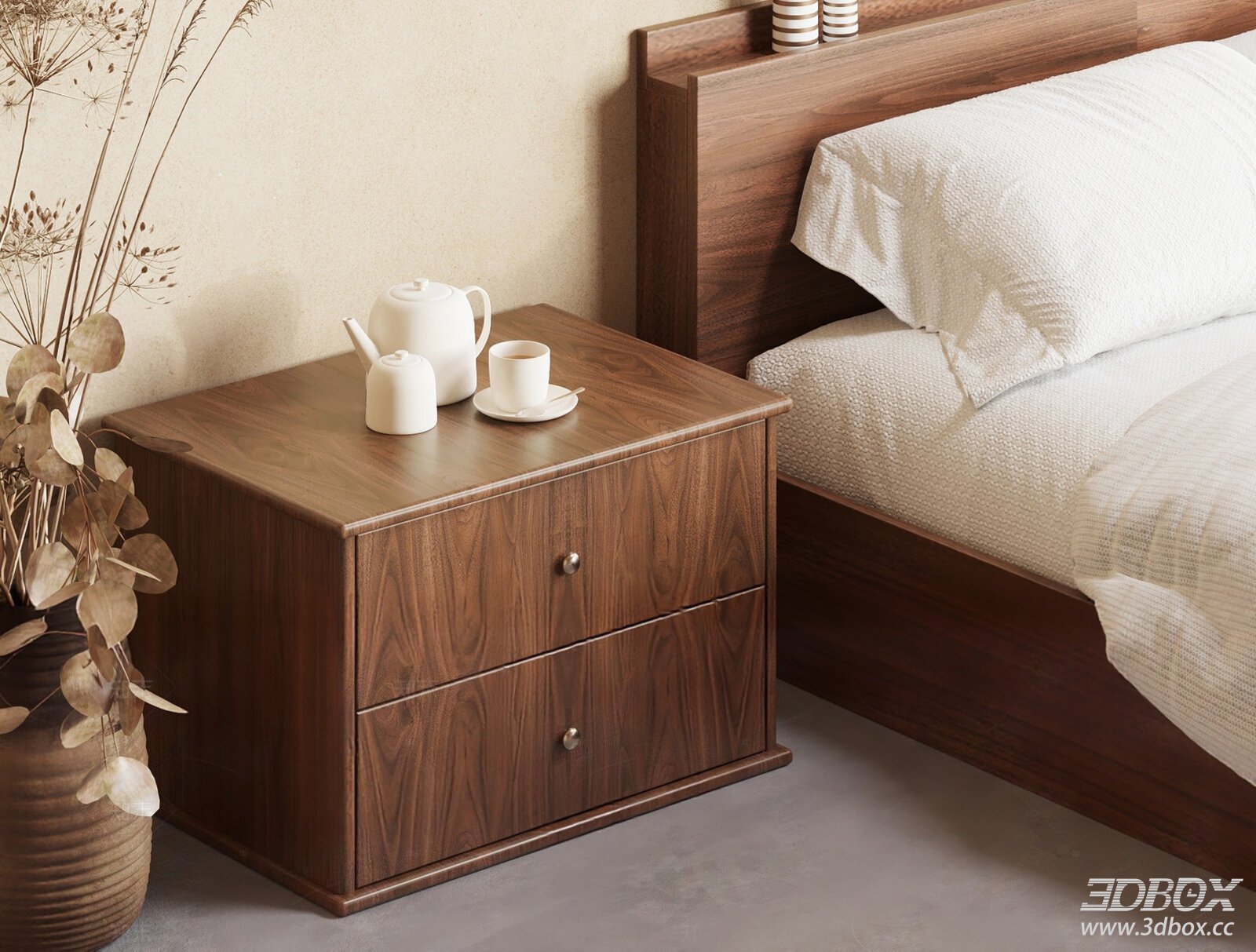 Mid Century Modern Walnut Wood Nightstand with Drawers 3D model - front view
