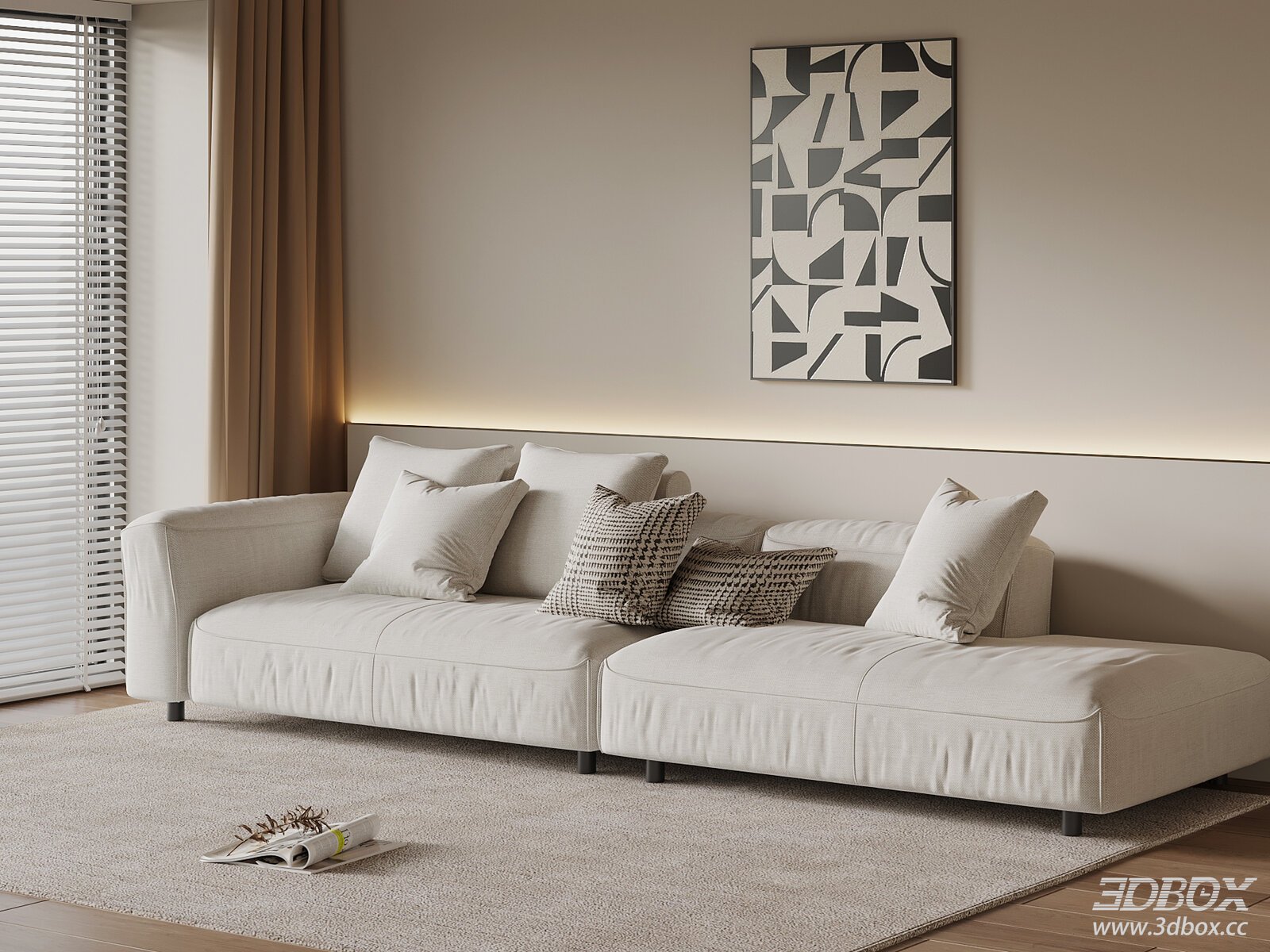 Modern Light Beige Fabric Sectional Sofa Set 3D model - front view