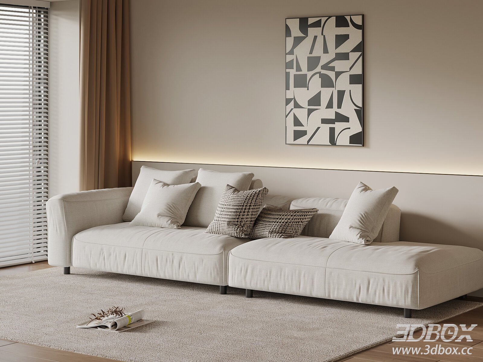 Modern Light Beige Fabric Sectional Sofa Set 3D model - thumbnail 1