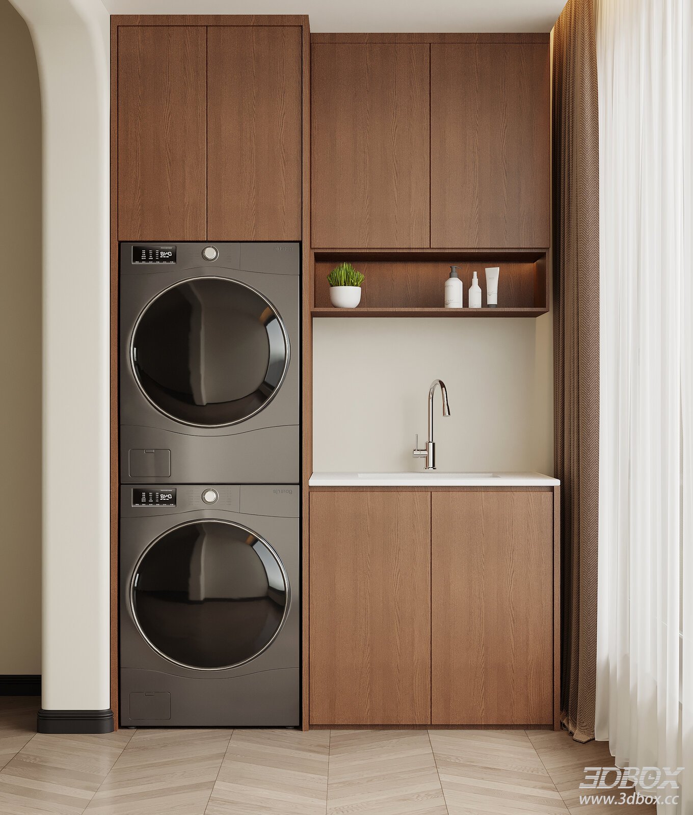 Mid-century Modern Laundry Cabinet with Stacked Washers 3D model - front view