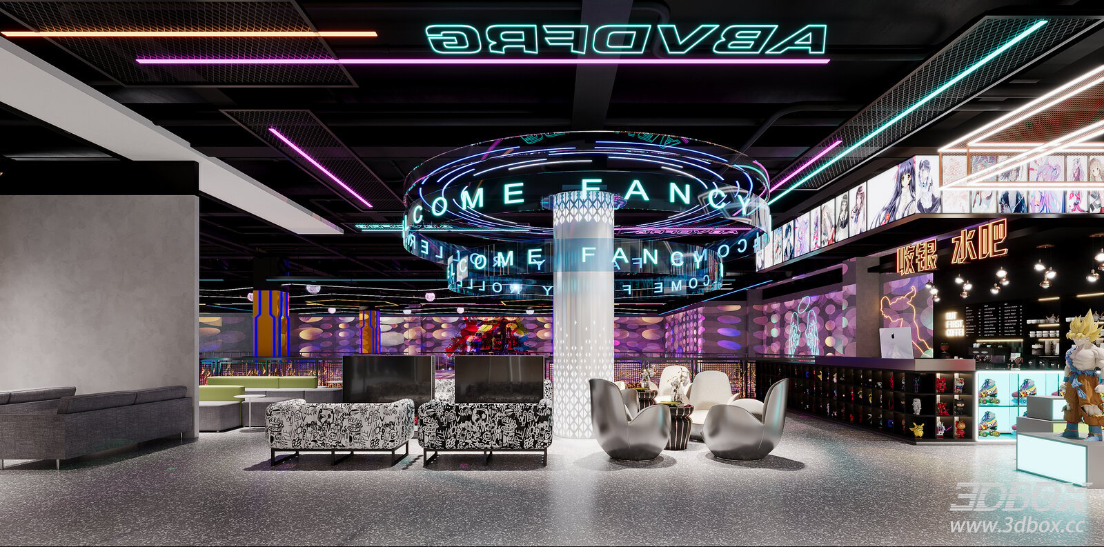 Modern Cyberpunk Anime Figure Showroom Interior 3D model - front view