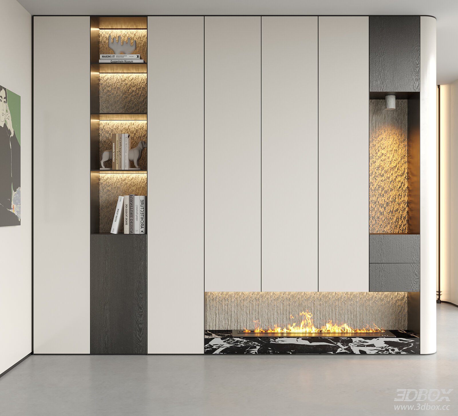 Modern Minimalist Hallway Cabinet with Electric Fireplace 3D model - front view