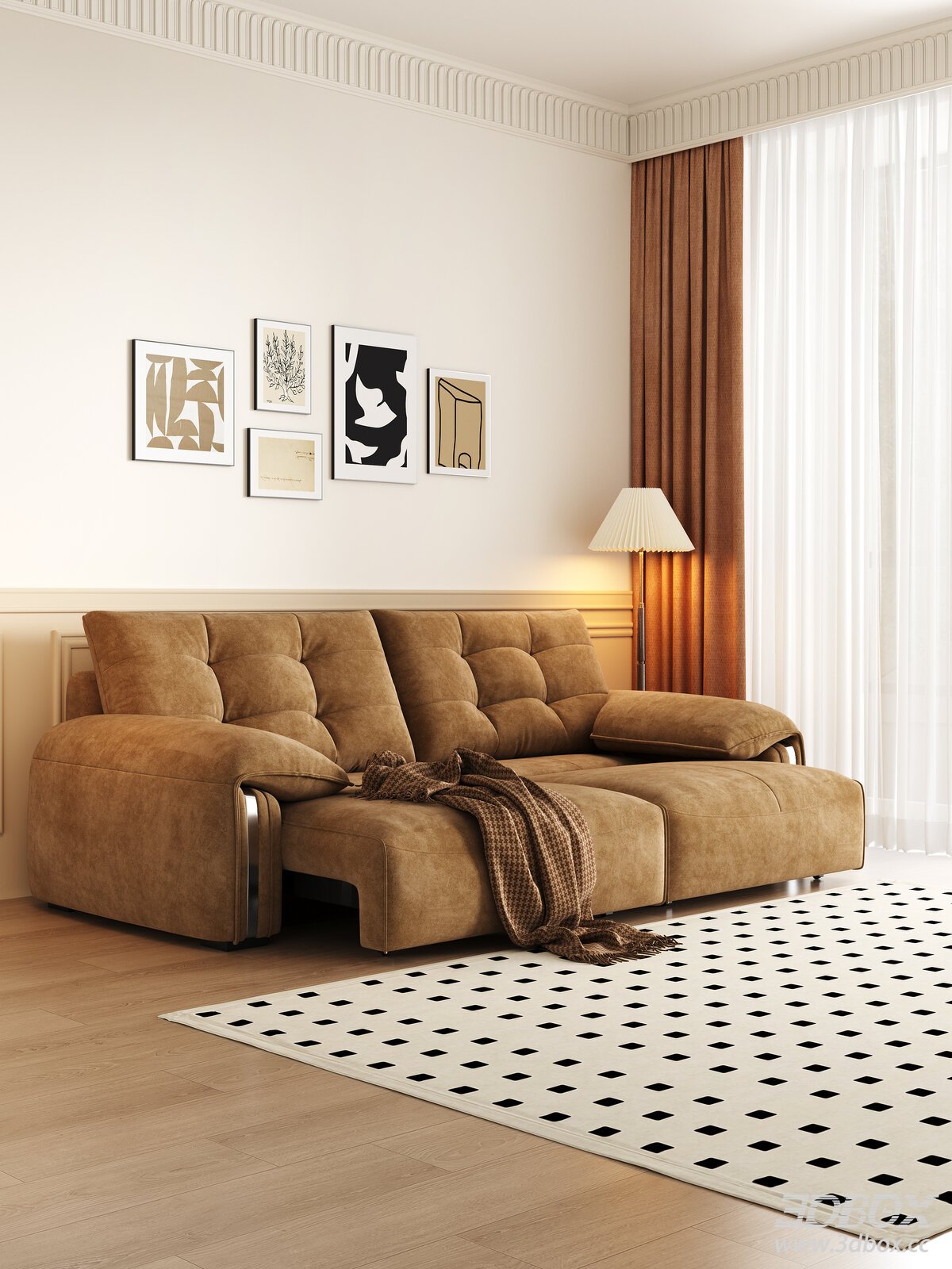 Modern Brown Suede Sectional Sofa Set Living Room 3D model - front view