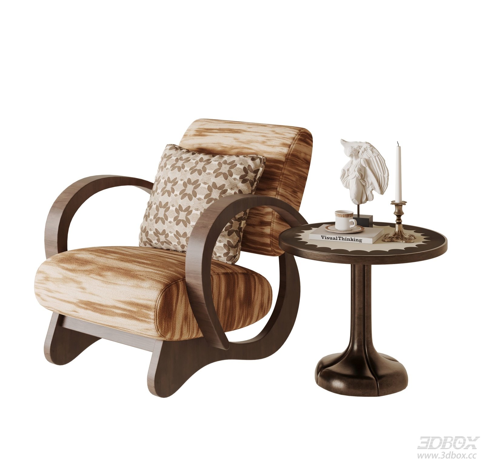 Mid Century Vintage Armchair with Side Table and Decor Set 3D model - front view